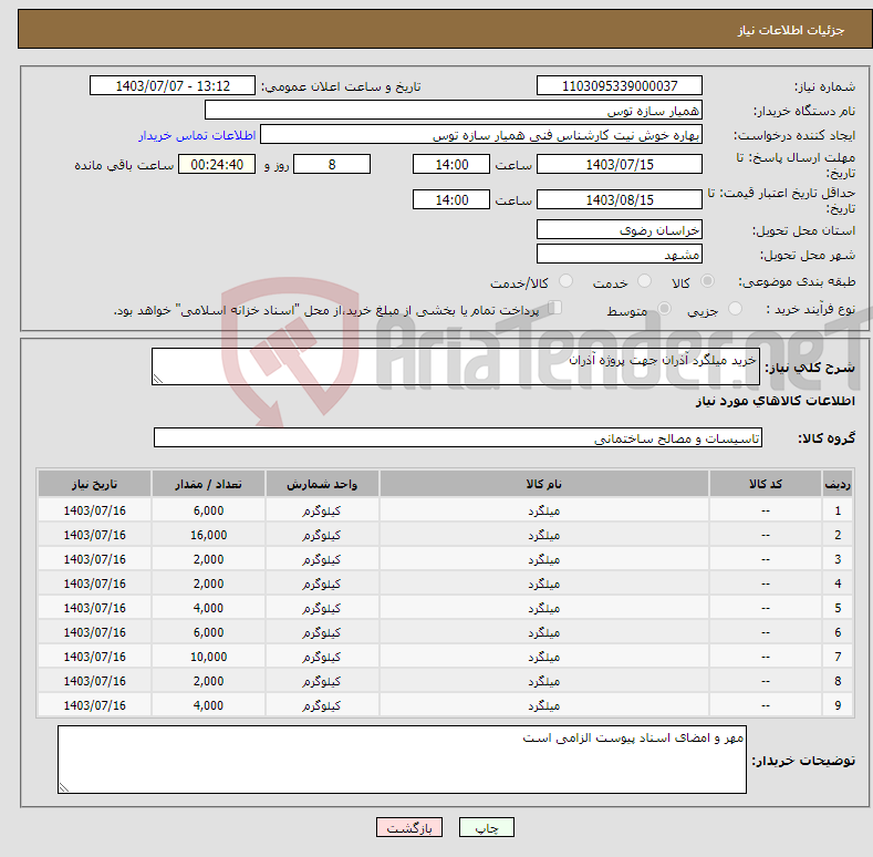 تصویر کوچک آگهی نیاز انتخاب تامین کننده-خرید میلگرد آذران جهت پروژه آذران