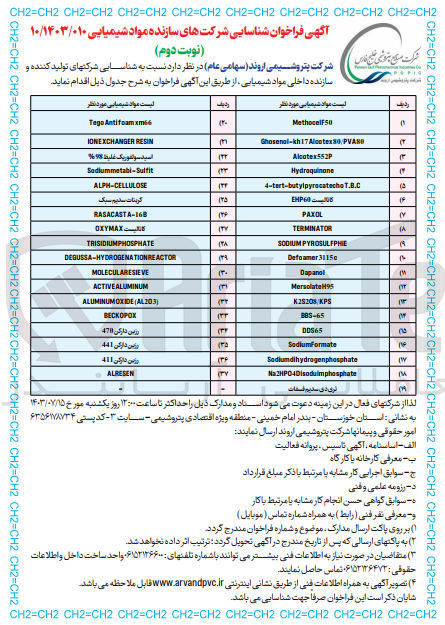 تصویر کوچک آگهی شناسایی شرکت های تولید کننده و سازنده داخلی مواد شیمیایی موردنظر در 37 ردیف :
Methocel F50
Ghosenol-kh17 Alcotex 80/PVA 80
Alcotex552P
Hydroquinone
4-tert-butylpyrocatecho T.B.C
کاتالیست EHP60
Tego Anti foam xm66
ION EXCHANGER RESIN
اسید سولفوریک غلیظ ۹۸
و....