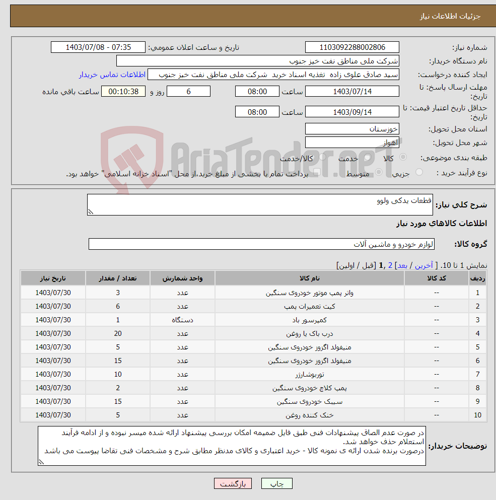 تصویر کوچک آگهی نیاز انتخاب تامین کننده-قطعات یدکی ولوو