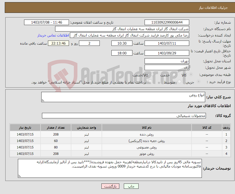 تصویر کوچک آگهی نیاز انتخاب تامین کننده-انواع روغن 
