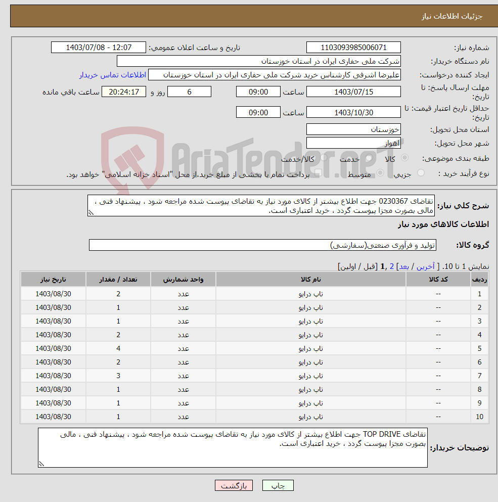 تصویر کوچک آگهی نیاز انتخاب تامین کننده-تقاضای 0230367 جهت اطلاع بیشتر از کالای مورد نیاز به تقاضای پیوست شده مراجعه شود ، پیشنهاد فنی ، مالی بصورت مجزا پیوست گردد ، خرید اعتباری است.