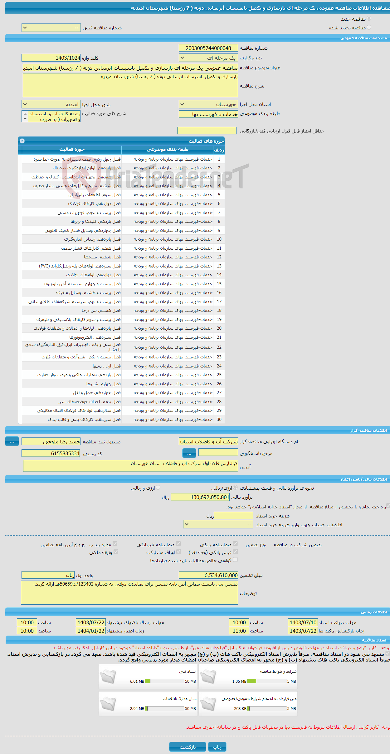 تصویر کوچک آگهی مناقصه عمومی یک مرحله ای بازسازی و تکمیل تاسیسات آبرسانی دونه ( 7 روستا) شهرستان امیدیه