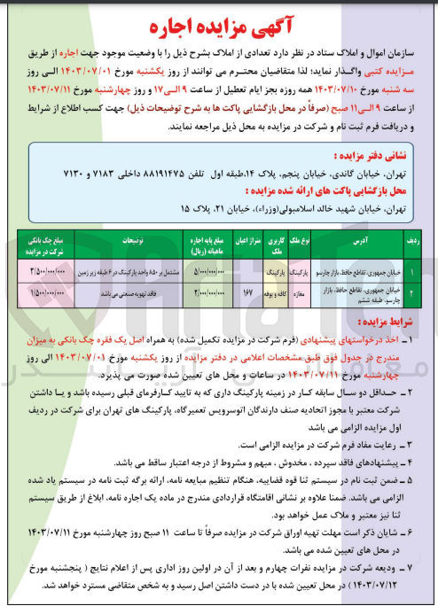 تصویر کوچک آگهی فروش تعدادی از املاک در 2 ردیف با کاربری پارکینگ و کافه و بوفه