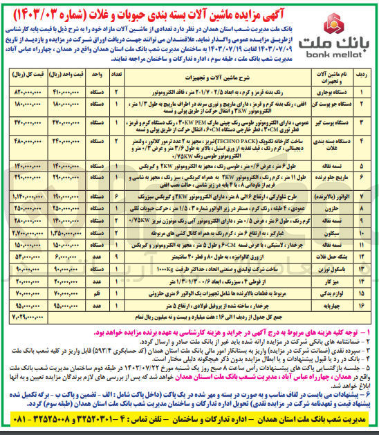 تصویر کوچک آگهی فروش تعدادی از ماشین آلات در 16 ردیف :
دستگاه بوجاری - دستگاه جو پوست کن - دستگاه پوست گیر - دستگاه پسته گیر - دستگاه بسته بندی غلات - تسمه نقاله - مارپیچ جلو برنده و ...