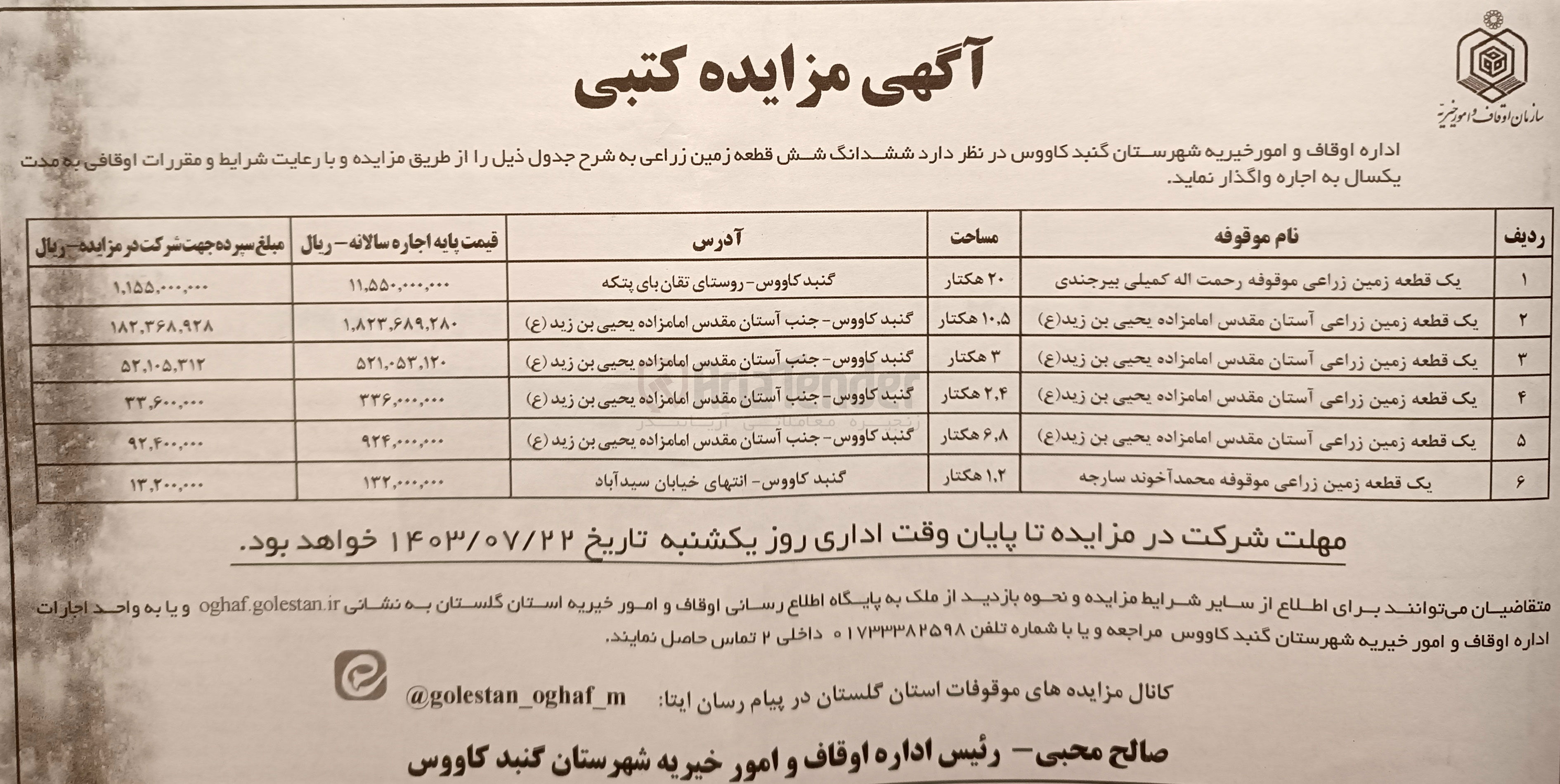 تصویر کوچک آگهی اجاره ششدانگ شش قطعه زمین زراعی در 6 ردیف