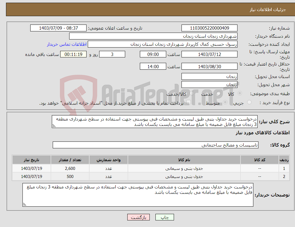 تصویر کوچک آگهی نیاز انتخاب تامین کننده-درخواست خرید جداول بتنی طبق لیست و مشخصات فنی پیوستی جهت استفاده در سطح شهرداری منطقه 3 زنجان مبلغ فایل ضمیمه با مبلغ سامانه می بایست یکسان باشد