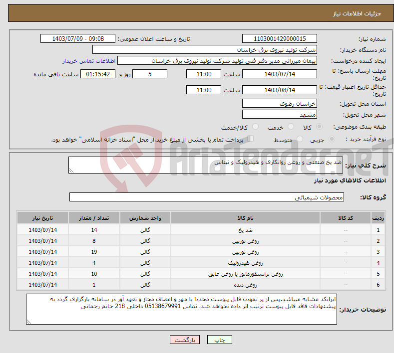 تصویر کوچک آگهی نیاز انتخاب تامین کننده-ضد یخ صنعتی و روغن روانکاری و هیدرولیک و نیناس