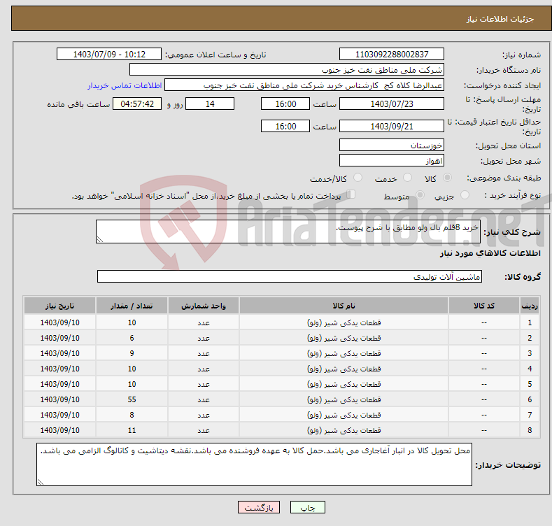 تصویر کوچک آگهی نیاز انتخاب تامین کننده-خرید 8قلم بال ولو مطابق با شرح پیوست.