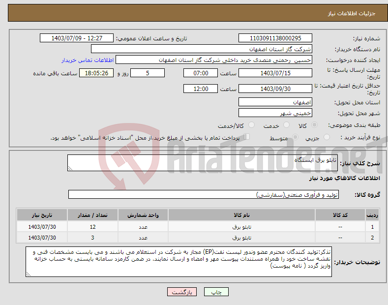 تصویر کوچک آگهی نیاز انتخاب تامین کننده-تابلو برق ایستگاه