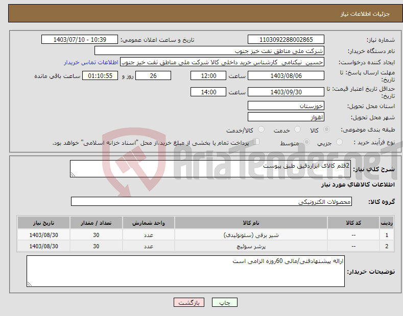 تصویر کوچک آگهی نیاز انتخاب تامین کننده-2قلم کالای ابزاردقیق طبق پیوست