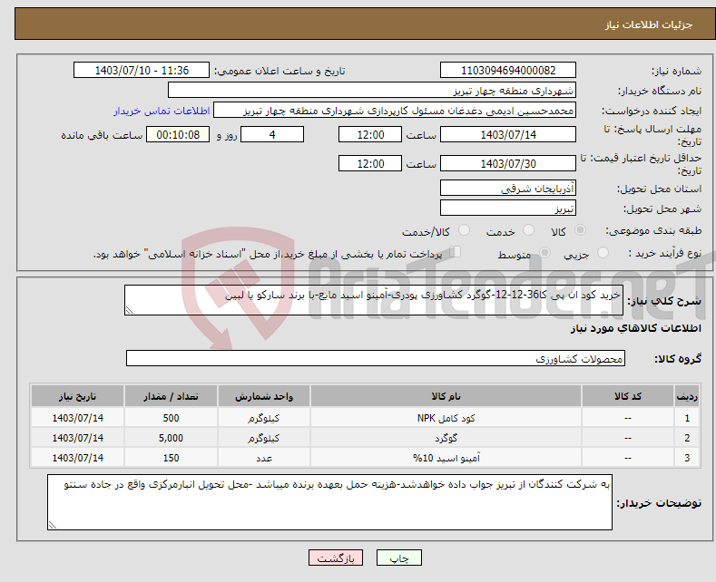 تصویر کوچک آگهی نیاز انتخاب تامین کننده-خرید کود ان پی کا36-12-12-گوگرد کشاورزی پودری-آمینو اسید مایع-با برند سارکو یا لبین