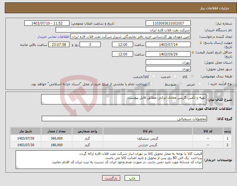 تصویر کوچک آگهی نیاز انتخاب تامین کننده-تهیه و تأمین گریس معادل ایرانی مطابق فایل پیوست.
