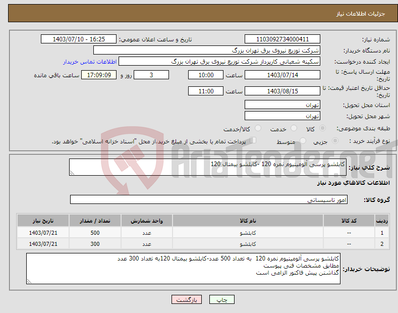 تصویر کوچک آگهی نیاز انتخاب تامین کننده-کابلشو پرسی آلومینیوم نمره 120 -کابلشو بیمتال 120