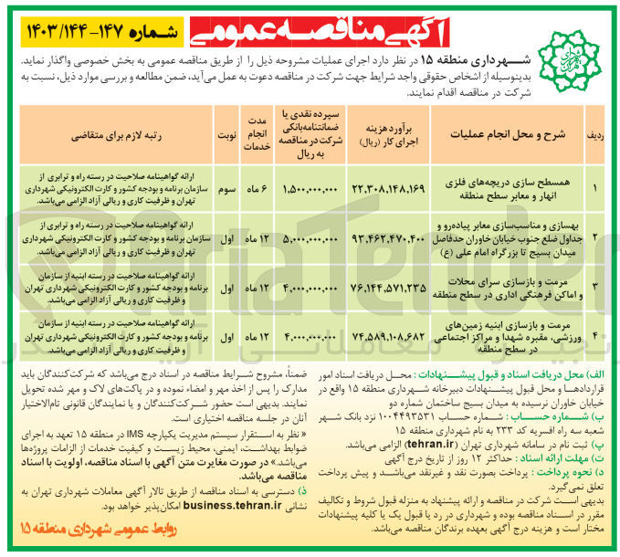 تصویر کوچک آگهی بهسازی و مناسب سازی معابر پیاده رو و جداول ضلع جنوب خیابان خاوران حد فاصل میدان بسیج تا بزرگراه امام علی (ع)