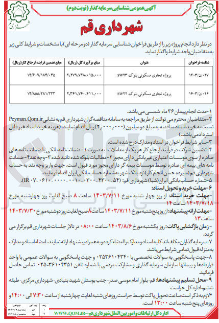 تصویر کوچک آگهی شناسایی سرمایه گذار پروژه تجاری مسکونی بلوک sw۲۲