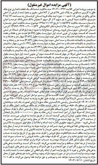 تصویر کوچک آگهی پرونده اجرایی کلاسه :140300346
فروش ششدانگ یک قطعه دامداری  باکاربری مسکونی به پلاک ثبتی 68