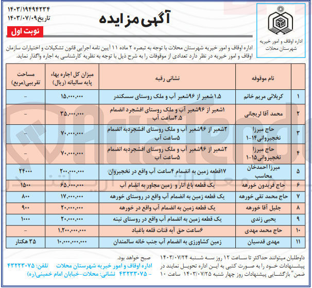 تصویر کوچک آگهی واگذاری تعدادی از موقوفات در 11 ردیف 