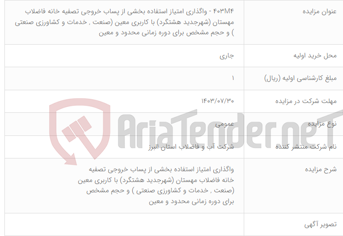 تصویر کوچک آگهی 403M4 - واگذاری امتیاز استفاده بخشی از پساب خروجی تصفیه خانه فاضلاب مهستان (شهرجدید هشتگرد) با کاربری معین (صنعت , خدمات و کشاورزی صنعتی ) و حجم مشخص برای دوره زمانی محدود و معین