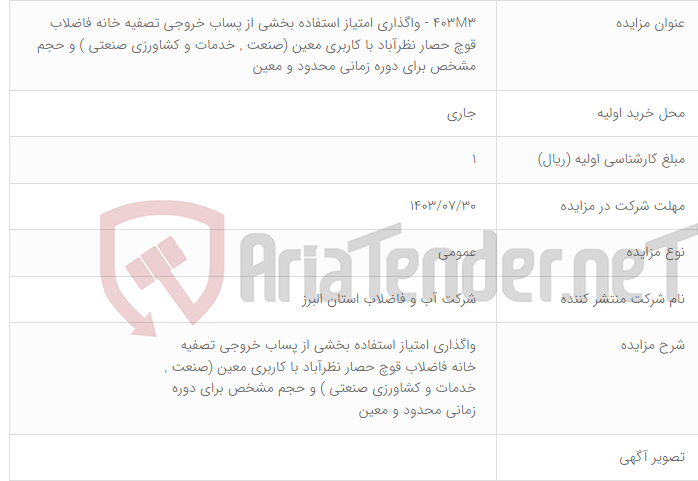 تصویر کوچک آگهی 403M3 - واگذاری امتیاز استفاده بخشی از پساب خروجی تصفیه خانه فاضلاب قوچ حصار نظرآباد با کاربری معین (صنعت , خدمات و کشاورزی صنعتی ) و حجم مشخص برای دوره زمانی محدود و معین
