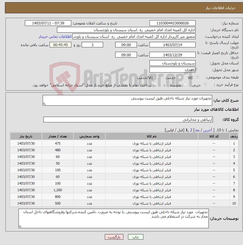 تصویر کوچک آگهی نیاز انتخاب تامین کننده-تجهیزات مورد نیاز شبکه داخلی طبق لیست پیوستی 