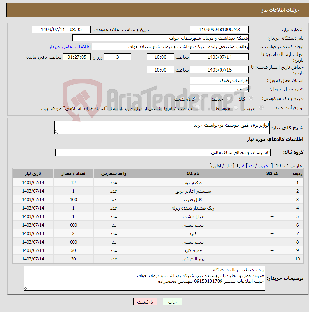 تصویر کوچک آگهی نیاز انتخاب تامین کننده-لوازم برق طبق پیوست درخواست خرید