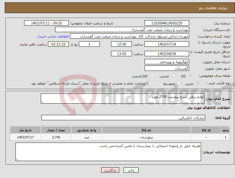 تصویر کوچک آگهی نیاز انتخاب تامین کننده-لوازم برقی شرح پیوست 2745 مورد