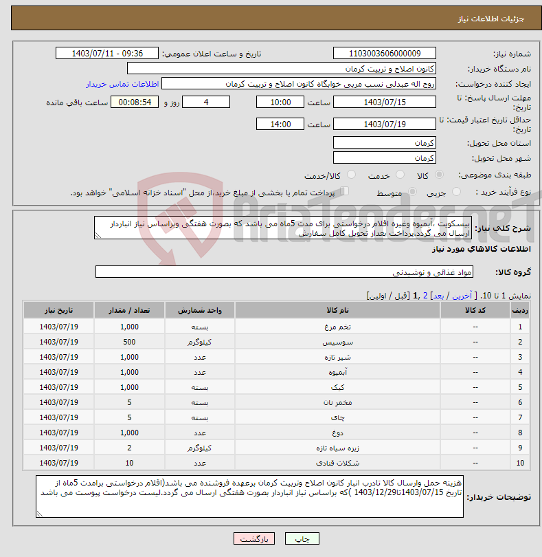 تصویر کوچک آگهی نیاز انتخاب تامین کننده-بیسکویت ،آبمیوه وغیره اقلام درخواستی برای مدت 5ماه می باشد که بصورت هفتگی وبراساس نیاز انباردار ارسال می گردد.پرداخت بعداز تحویل کامل سفارش