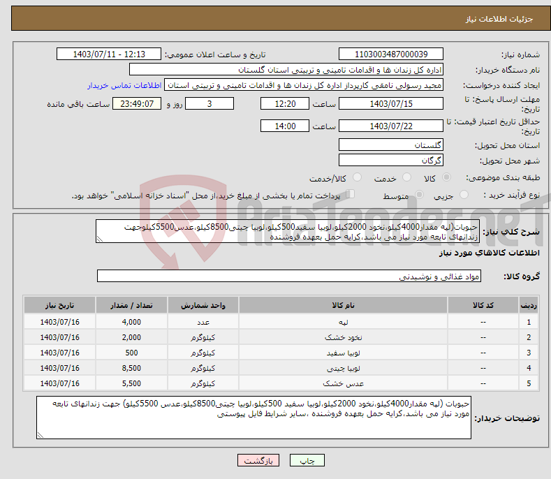 تصویر کوچک آگهی نیاز انتخاب تامین کننده-حبوبات(لپه مقدار4000کیلو،نخود 2000کیلو،لوبیا سفید500کیلو،لوبیا چیتی8500کیلو،عدس5500کیلوجهت زندانهای تابعه مورد نیاز می باشد،کرایه حمل بعهده فروشنده 