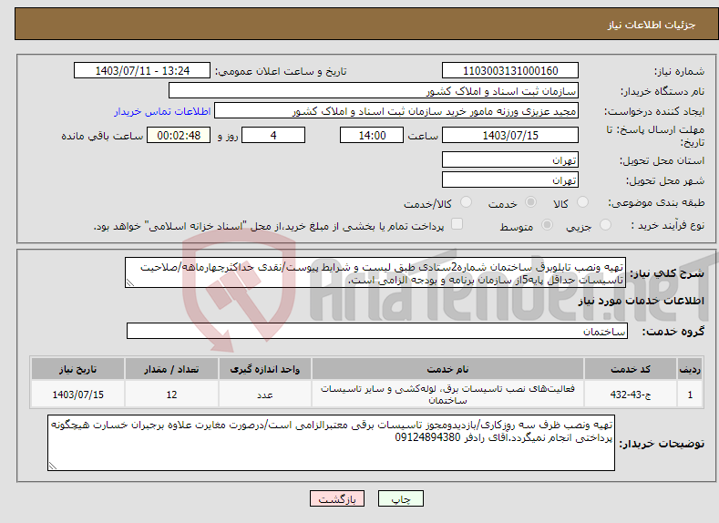 تصویر کوچک آگهی نیاز انتخاب تامین کننده-تهیه ونصب تابلوبرق ساختمان شماره2ستادی طبق لیست و شرایط پیوست/نقدی حداکثرچهارماهه/صلاحیت تاسیسات حداقل پایه5از سازمان برنامه و بودجه الزامی است.