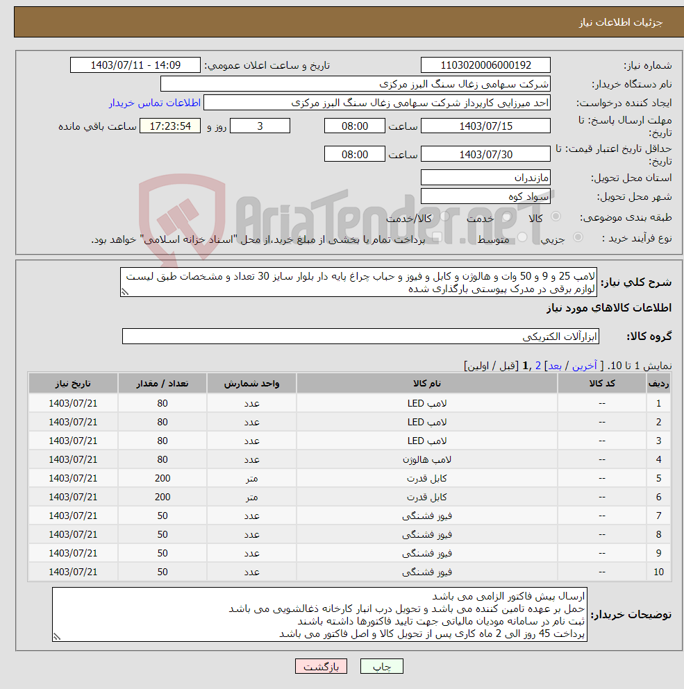 تصویر کوچک آگهی نیاز انتخاب تامین کننده-لامپ 25 و 9 و 50 وات و هالوژن و کابل و فیوز و حباب چراغ پایه دار بلوار سایز 30 تعداد و مشخصات طبق لیست لوازم برقی در مدرک پیوستی بارگذاری شده