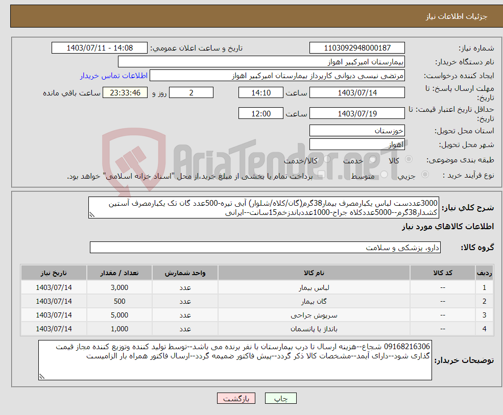 تصویر کوچک آگهی نیاز انتخاب تامین کننده-3000عددست لباس یکبارمصرف بیمار38گرم(گان/کلاه/شلوار) آبی تیره-500عدد گان تک یکبارمصرف آستین کشدار38گرم--5000عددکلاه جراح-1000عددباندزخم15سانت--ایرانی