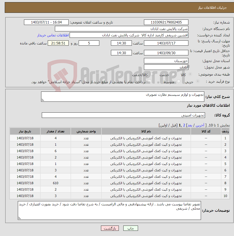 تصویر کوچک آگهی نیاز انتخاب تامین کننده-تجهیزات و لوازم سیستم نظارت تصویری