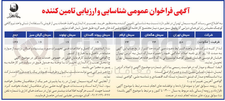 تصویر کوچک آگهی  خرید نصب و راه اندازی و اخذ خدمات پس از فروش با استفاده از شش واحد نیروگاهی کوچک مقیاس ژنراتورهای دیزلی گازوئیل سوز مورد نیاز مجتمع کارخانه ای خود و شرکت های هم گروه