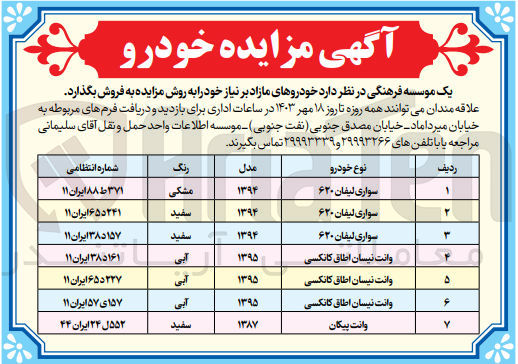 تصویر کوچک آگهی فروش خودرو های مازاد در 7 ردیف شامل :
وانت پیکان -وانت نیسان -لیفان 