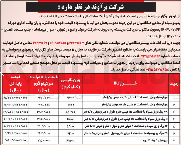 تصویر کوچک آگهی فروش آهن آلات ساختمانی :
ورق سیاه رول با ضخامت ۶ میلی متر به عرض ۱/۵ متر 
ورق سیاه رول با ضخامت ۳ میلی متر به عرض ۱/۵ متر
 ۴۸ برگ ورق سیاه با ضخامت ۱۵ میلی متر و طول ۶ متر و عرض ۱/۶ متر
 ۱۱ برگ ورق سیاه با ضخامت ۱۵ میلی متر و طول ۶ متر و عرض ۱/۵ متر
 ۱۲ برگ ورق سیاه با ضخامت ۸ میلی متر و طول ۶ متر و عرض ۱/۵ متر
 ۲۹ برگ ورق سیاه با ضخامت ۶ میلی متر و طول ۶ متر و عرض ۱/۵ متر 
پروفیل Z و نبشی و ....
