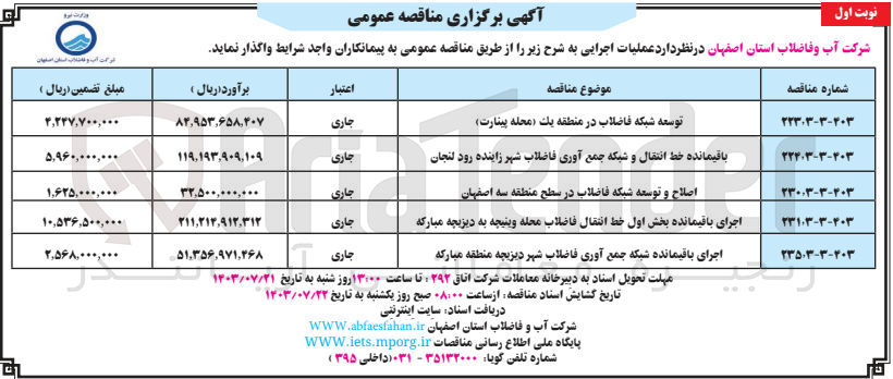 تصویر کوچک آگهی اصلاح و توسعه شبکه فاضلاب در سطح منطقه سه اصفهان 