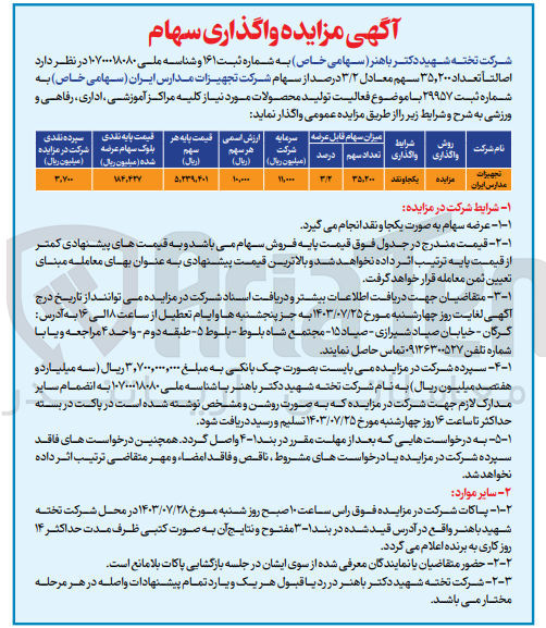 تصویر کوچک آگهی واگذاری 35،200 سهم معادل 3/2 درصداز سهام شرکت تجهیزات مدارس ایران 