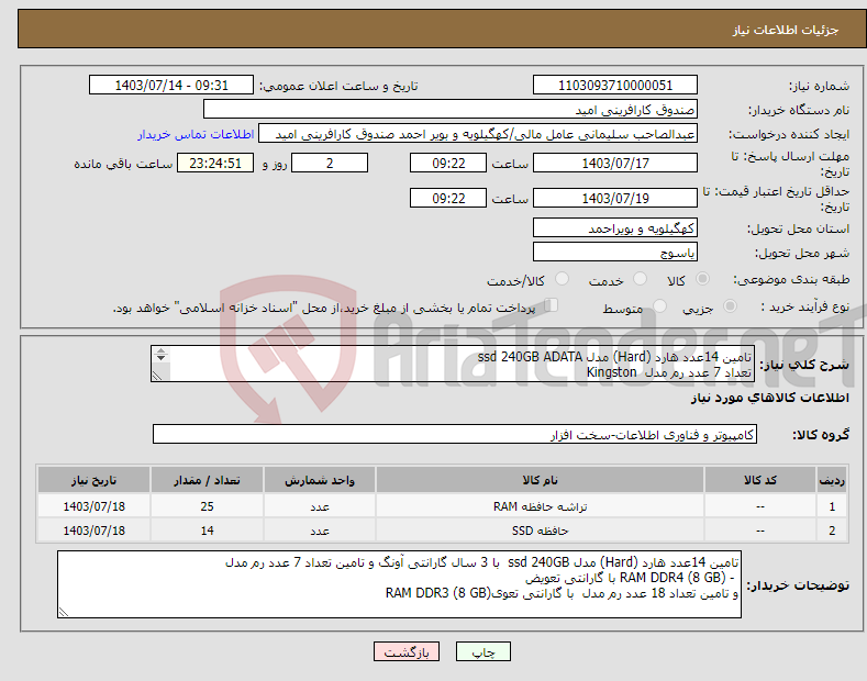 تصویر کوچک آگهی نیاز انتخاب تامین کننده-تامین 14عدد هارد (Hard) مدل ssd 240GB ADATA تعداد 7 عدد رم مدل Kingston - RAM DDR4 (8 GB تعداد 18 عدد رم مدل Kingston - RAM DDR3 (8 GB 