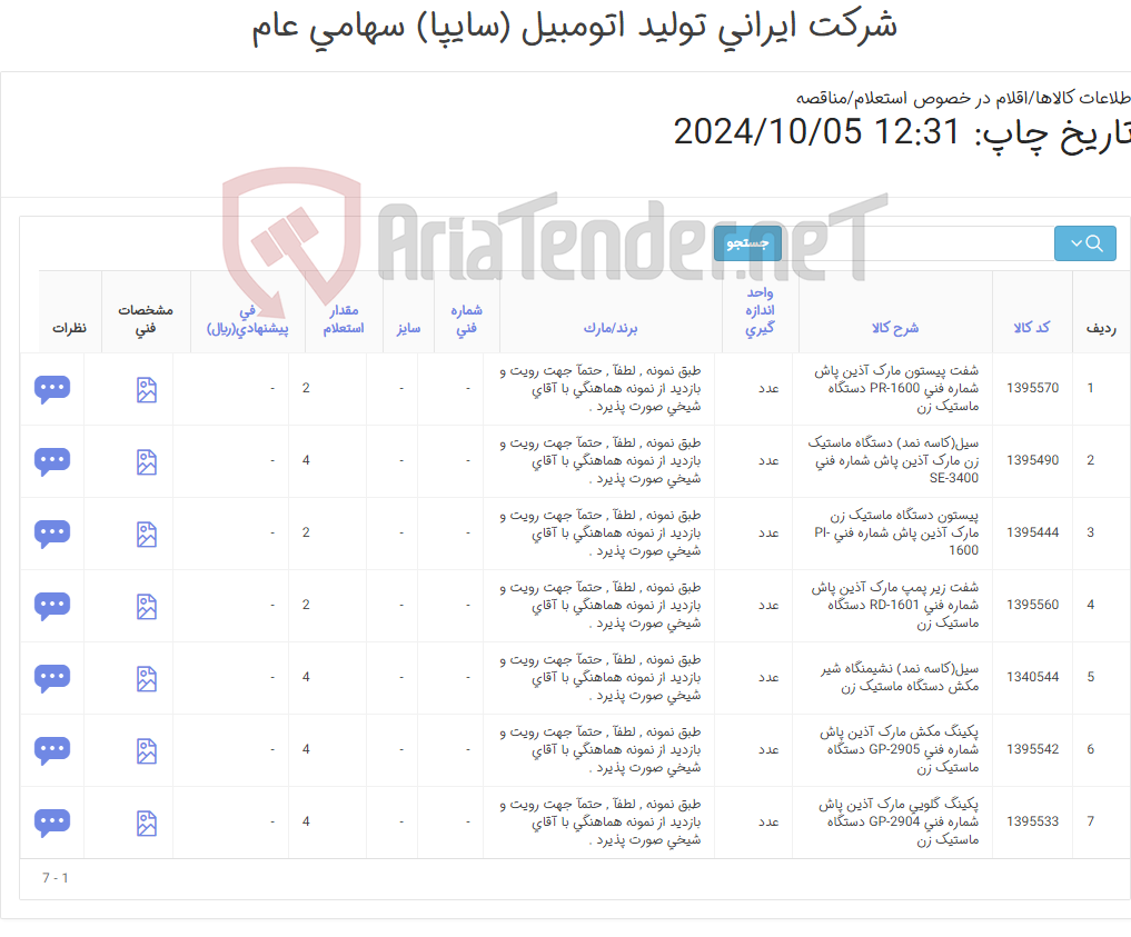 تصویر کوچک آگهی تامین هفت ردیف سیل(کاسه نمد) , پیستون , پکینگ ‎گلویی و ...