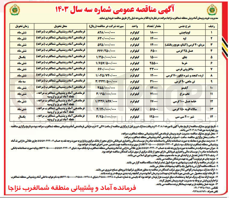 تصویر کوچک آگهی خریداری لوبیاچیتی به مقدار 18000 کیلوگرم 