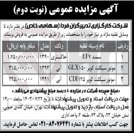 تصویر کوچک آگهی فروش وسیله نقلیه مازاد شامل :
سمند ،موتور سیکلت 