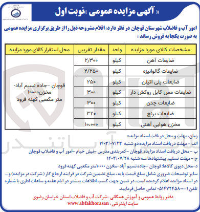 تصویر کوچک آگهی فروش اقلام شامل :
ضایعات آهن ،ضایعات گالوانیزه ،ضایعات پلی اتیلن ،ضایعات چدن ،ضایعات برنج و.....