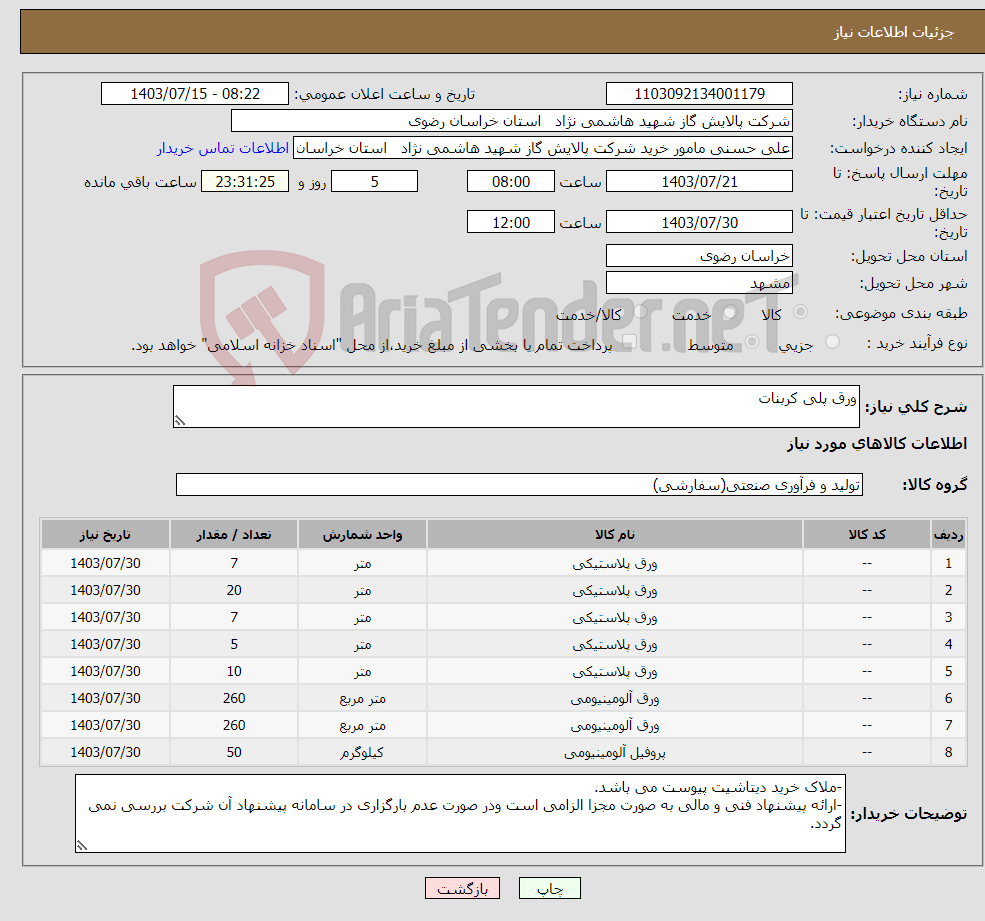 تصویر کوچک آگهی نیاز انتخاب تامین کننده-ورق پلی کربنات