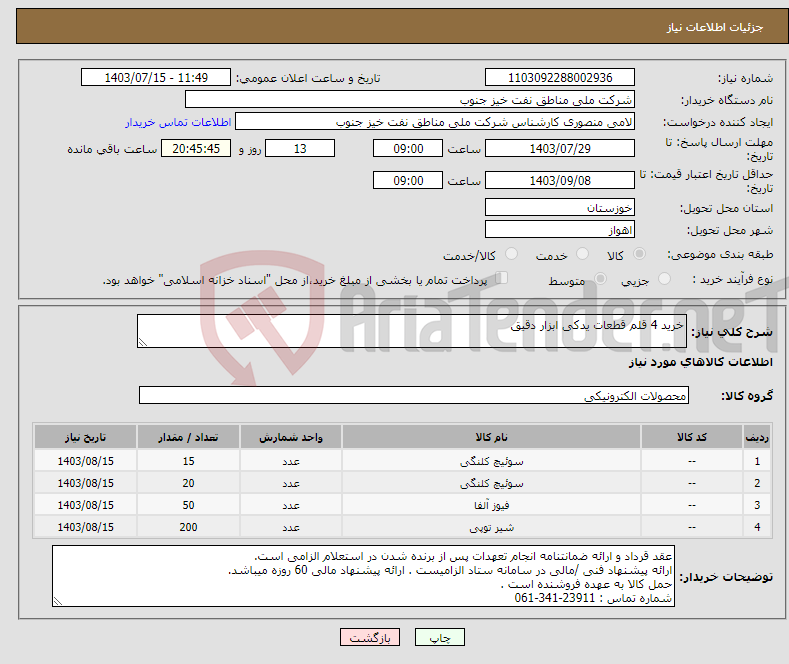 تصویر کوچک آگهی نیاز انتخاب تامین کننده-خرید 4 قلم قطعات یدکی ابزار دقیق