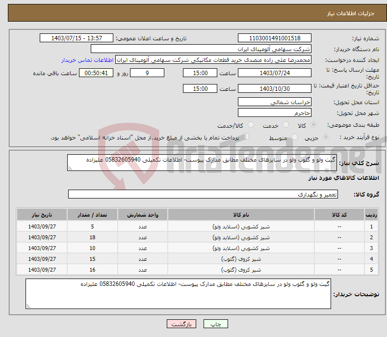 تصویر کوچک آگهی نیاز انتخاب تامین کننده-گیت ولو و گلوب ولو در سایزهای مختلف مطابق مدارک پیوست- اطلاعات تکمیلی 05832605940 علیزاده