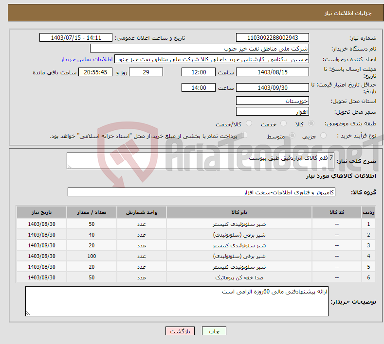 تصویر کوچک آگهی نیاز انتخاب تامین کننده-7 قلم کالای ابزاردقیق طبق پیوست