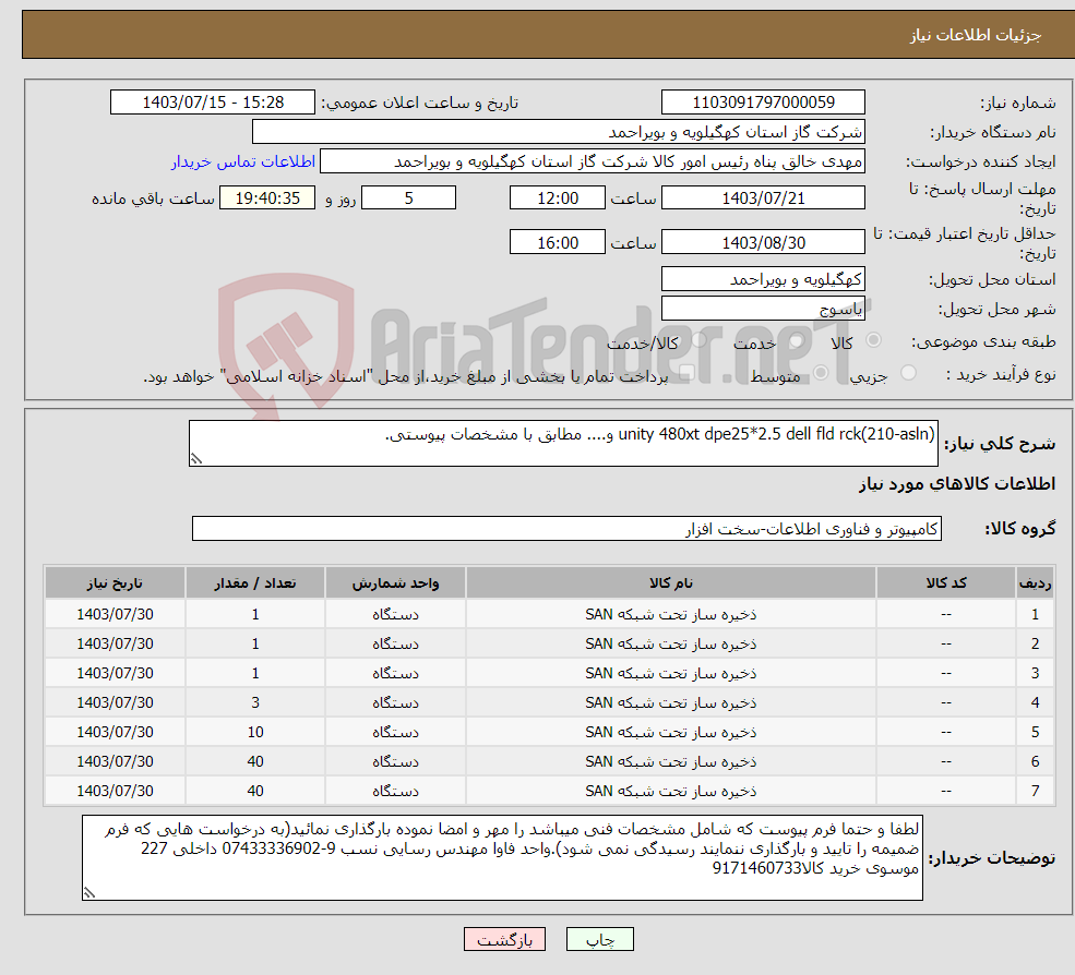 تصویر کوچک آگهی نیاز انتخاب تامین کننده-unity 480xt dpe25*2.5 dell fld rck(210-asln) و.... مطابق با مشخصات پیوستی.