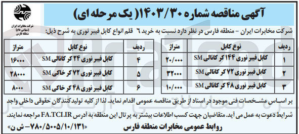تصویر کوچک آگهی خرید کابل فیبر نوری ۴۸ کر خاکی SM به متراژ 8000