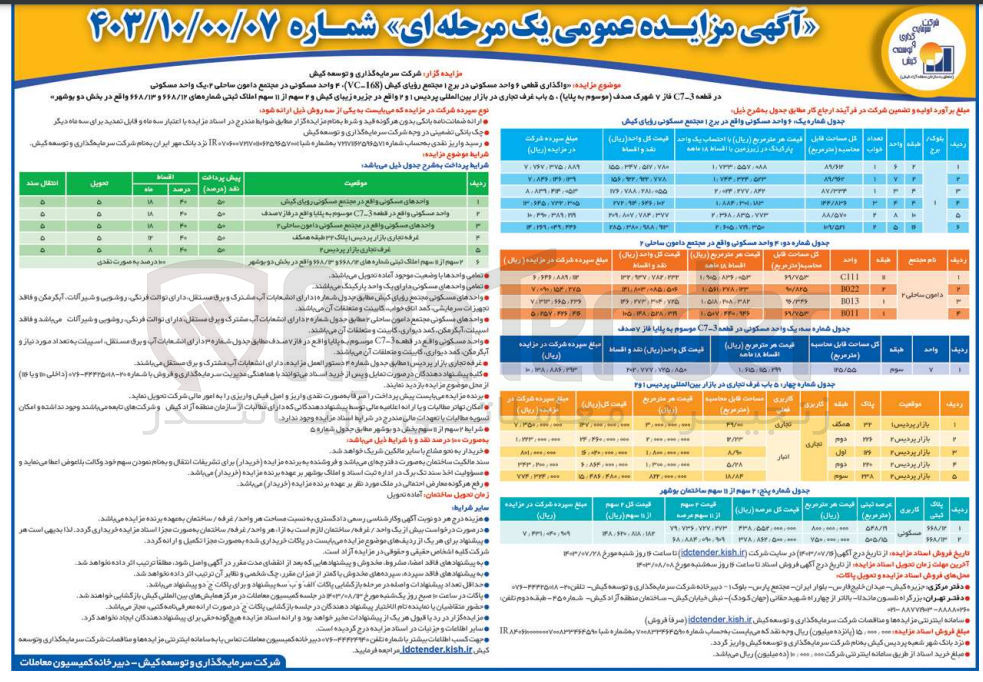 تصویر کوچک آگهی واگذاری قطعی ۶ واحد مسکونی در برج 1 مجتمع رویای کیش (168-VC)
 4 واحد مسکونی در مجتمع دامون ساحلی 2 
یک واحد مسکونی در قطعه 3-C7 فاز 7 شهرک صدف (موسوم به پلایا)
5 باب غرف تجاری در بازار بین المللی پردیس 1 و 2 و
 2 سهم از ۱۱ سهم املاک ثبتی شماره های ۶۶۸/۱۲ و ۶۶۸/۱۳ واقع در بخش دو بوشهر