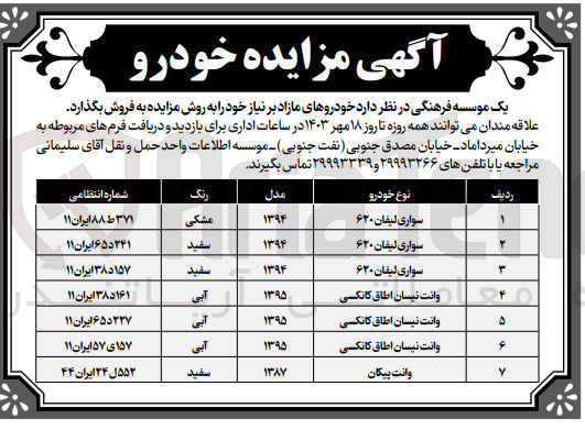 تصویر کوچک آگهی فروش خودرو های مازاد در 7ردیف شامل :
لیفان -وانت نیسان -وانت پیکان 